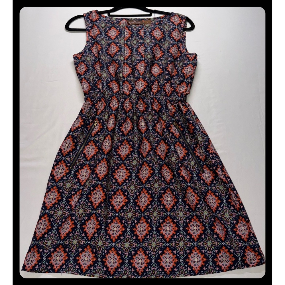 Speed Control Geometric‎ Medallion Fit & Flare Dress Womens Medium Blue Orange